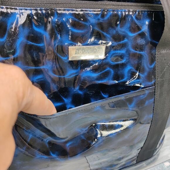 Ipowear large Tote Bag Iridescent Waves of Blue & Black Patent, Zip Top, Lined - Picture 6 of 16